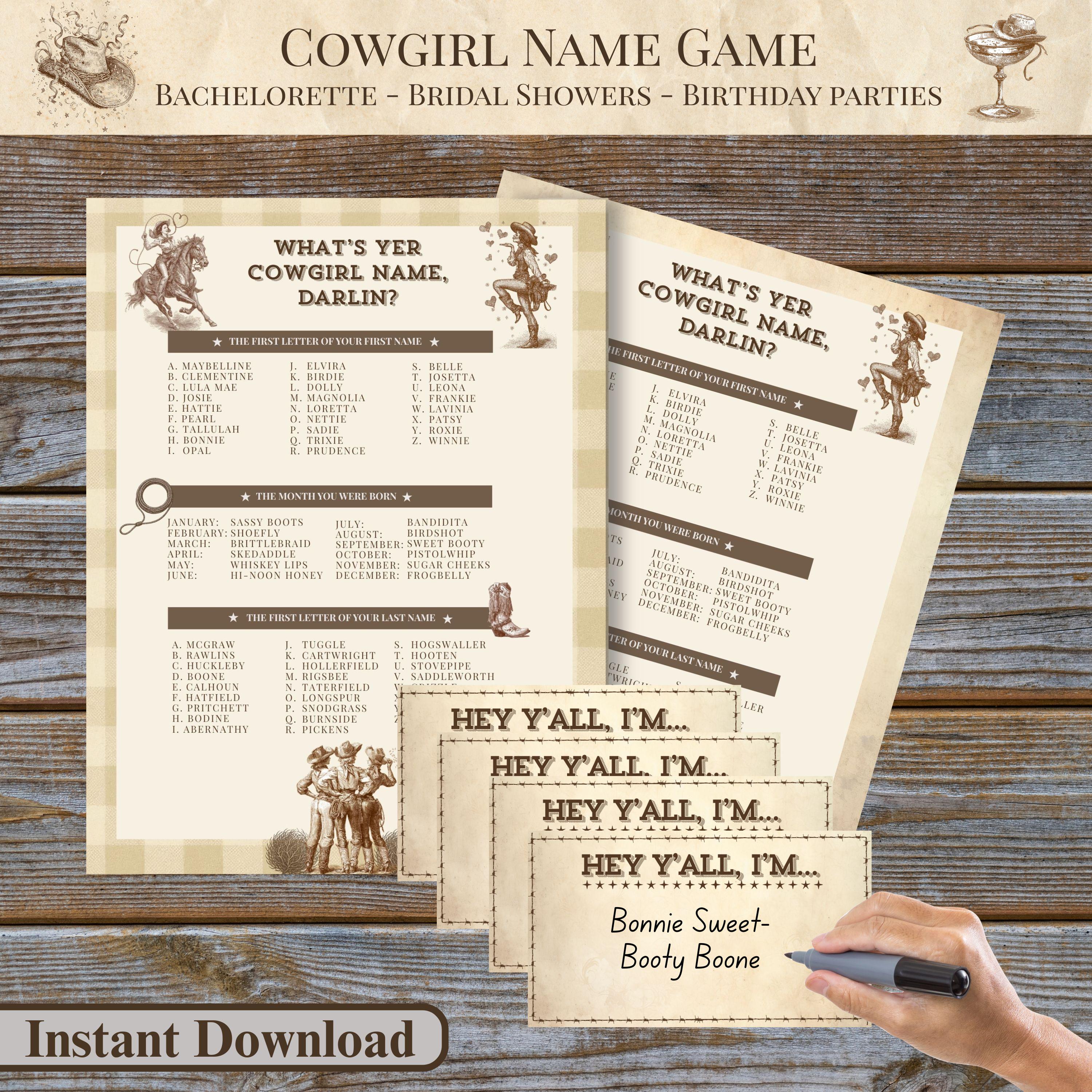Whats Your Cowgirl Name Party Game | Western Bachelorette Birthday ...