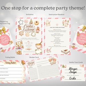 May include: A complete party theme with invitation, instruction handout, thank you party favor tag, voting ballot, recipe card, and buffet tent cards. The theme is a Christmas cookie exchange with gingerbread men and cookies. The text includes "Have a Sweet Christmas" and "Ginger Snaps".