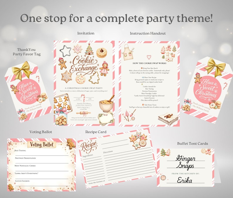 May include: A complete party theme with invitation, instruction handout, thank you party favor tag, voting ballot, recipe card, and buffet tent cards. The theme is a Christmas cookie exchange with gingerbread men and cookies. The text includes "Have a Sweet Christmas" and "Ginger Snaps".