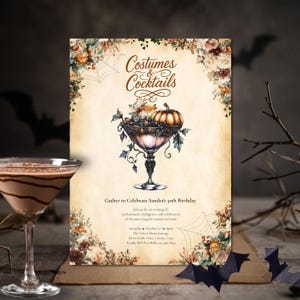 May include: A Halloween-themed invitation with the text "Costumes & Cocktails" and a decorative goblet filled with a pumpkin and flowers. The invitation is surrounded by floral accents, spiderwebs, and bats. A chocolate cocktail is in the foreground.