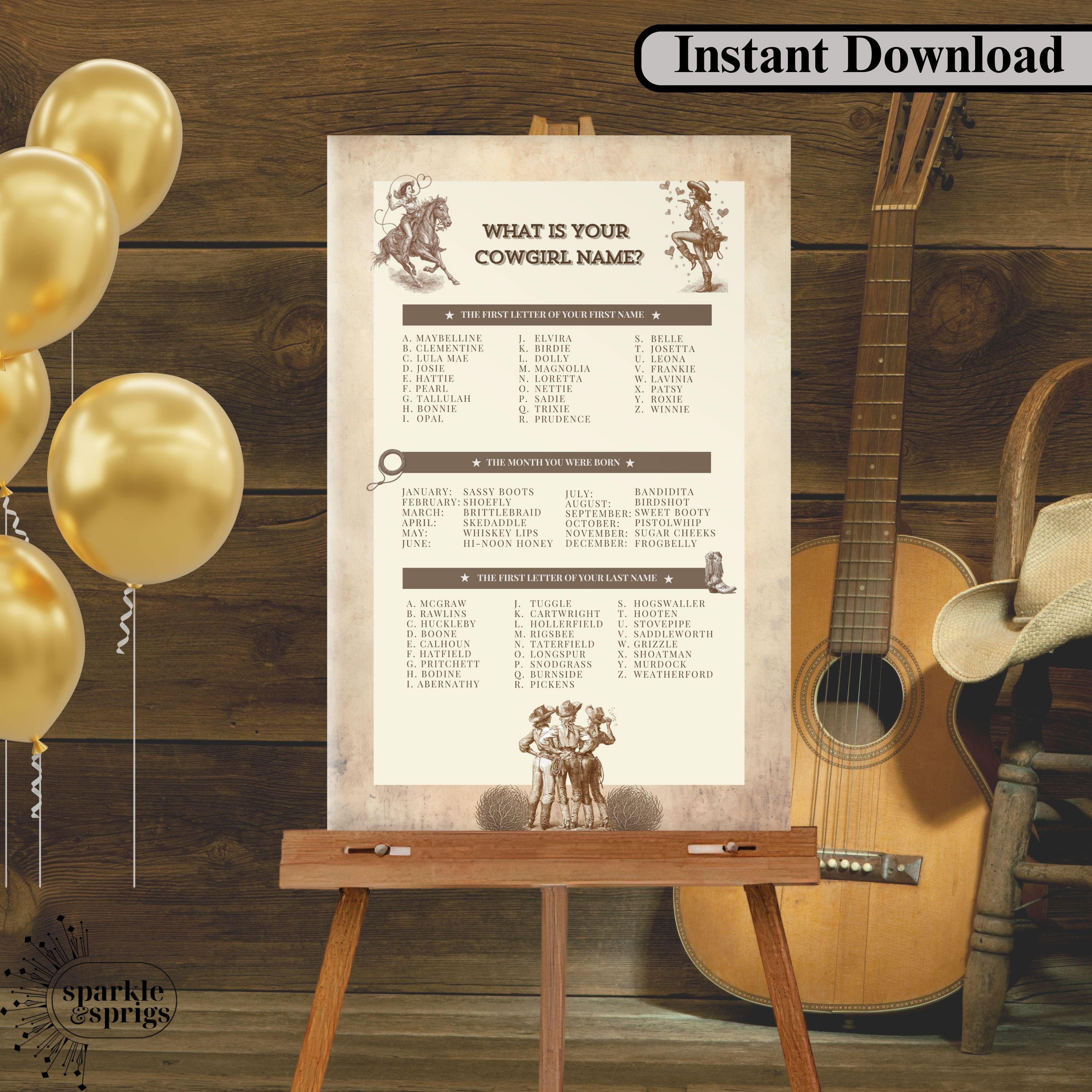 Whats Your Cowgirl Name Party Game | Western Bachelorette Birthday ...