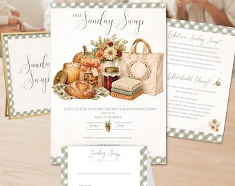 May include: A Fall Sunday Swap event stationery set featuring a flyer, a sign, and a small card with a green gingham border. The flyer displays a watercolor illustration of a loaf of bread, a candle, a tote bag, and flowers with text.