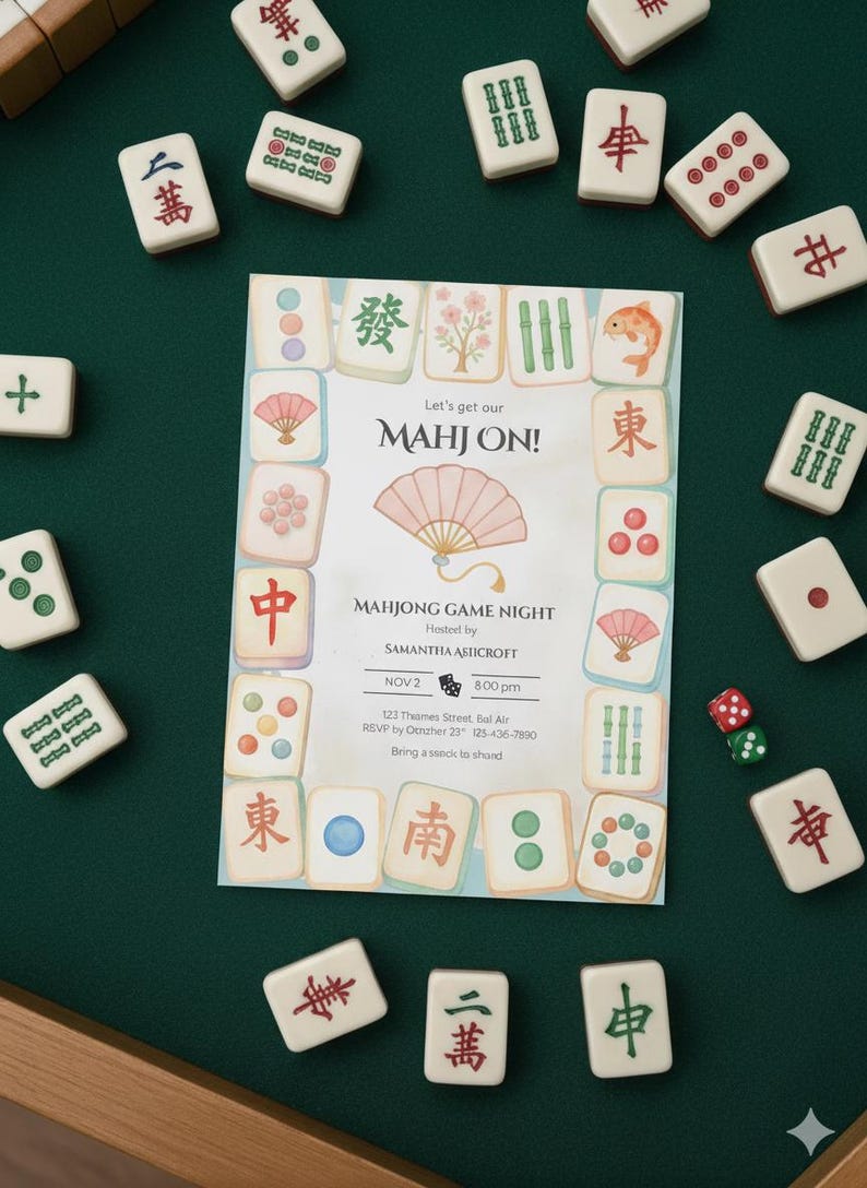 May include: A green felt surface with Mahjong tiles and a game night invitation. The invitation features a pink fan illustration and the text "MAHJONG GAME NIGHT" with event details. Dice are scattered nearby.