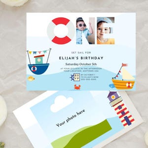 1. Geburtstag Nautische Foto Invitaton Junge oder Mädchen, 2 Seite einladen benutzerdefinierte bearbeitbare sofortige Download, Angeln Strand Ozean Segelboot Boot zuerst