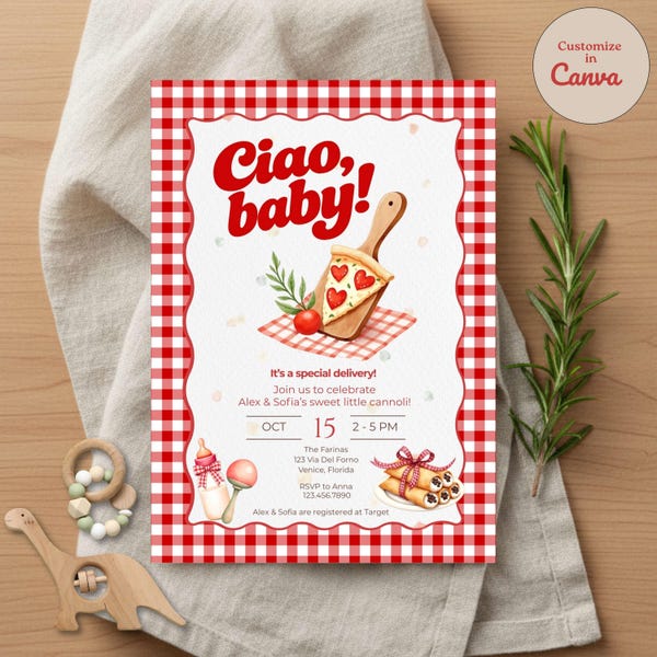 Italiaanse babyshower uitnodiging, Ciao baby genderneutraal uitnodigen, kleine cannoli foodie shower, rode gingang pizza party, bewerkbare sjabloon