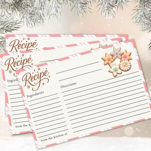 May include: Recipe cards with a pink and white striped border and the word "Recipe" in a decorative font. The cards have lines for ingredients and directions, and are decorated with gingerbread cookie illustrations.