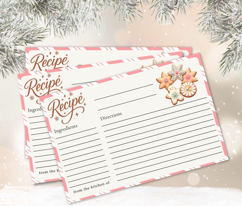 May include: Recipe cards with a pink and white striped border and the word "Recipe" in a decorative font. The cards have lines for ingredients and directions, and are decorated with gingerbread cookie illustrations.