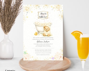 Invitación para baby shower "Está a punto de estallar", fiesta de spa para futura mamá, plantilla de invitación de género neutro con osito de peluche en acuarela pastel