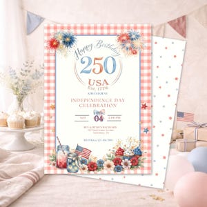USA 250th Birthday Invitation, Editable Independence Day Party Template, 4th of July Backyard Bash, Red Gingham Americana Decor, Canva DIY