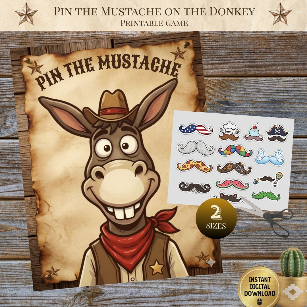 Pin the Mustache on the Donkey Printable Game, Western Party Game ...