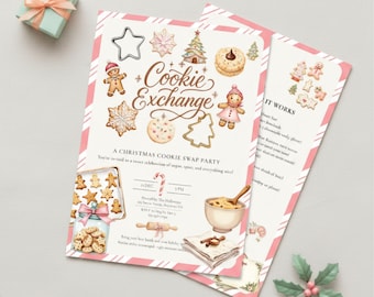 Pode incluir: Convite de Natal para troca de biscoitos de duas faces com uma borda listrada rosa e branca. O convite apresenta ilustrações de biscoitos, bonecos de gengibre e uma árvore de Natal. O texto inclui "Cookie Exchange" e "A Christmas Cookie Swap Party".