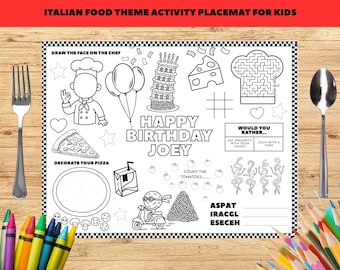 Kleines Fleischbällchen Geburtstags-Tischset - italienische Themen zum Ausdrucken für Pizza-Party - Restaurant-Dinner-Party-Malseite - Sofortiger Spaß