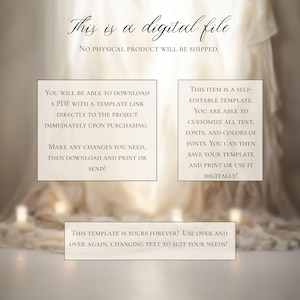 May include: A digital file announcement with text that reads "This is a digital file. No physical product will be shipped." Additional text explains how to download, customize, and use the template. The template is yours forever.