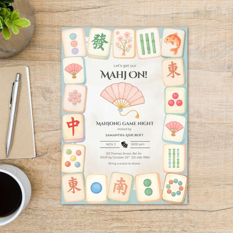May include: A light blue Mahjong game night invitation with a pink fan illustration and various Mahjong tiles around the border. The invitation includes the text "Let's get our MAHJON!" and event details.