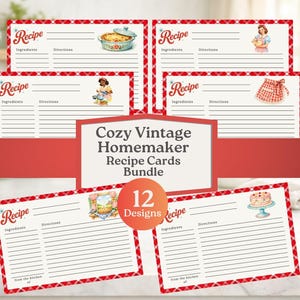 May include: A collection of 12 vintage recipe cards with a red and white checked border. Each card has space for ingredients and directions, with illustrations of food and kitchen scenes. The text "Cozy Vintage Homemaker Recipe Cards Bundle" is displayed on the cards.