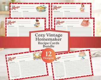 Vintage Cozy Homemaker Recipe Cards Bundle | 12 pc set 4x6" Printable | Red Gingham | Instant Download Shower & Party Baking Cookie Exchange