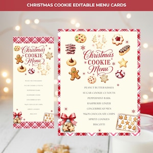 May include: Two Christmas cookie menu cards with a red and white plaid border. The cards feature illustrations of various cookies, including gingerbread men and star-shaped cookies. The text "Christmas Cookie Menu" is displayed.