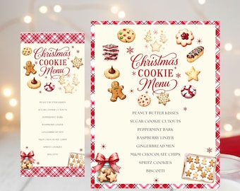 Christmas Cookie Menu Printable | Editable Cookie Exchange Sign | Holiday Baking Party Tag Card Set | Red Retro Whimsical Canva Template