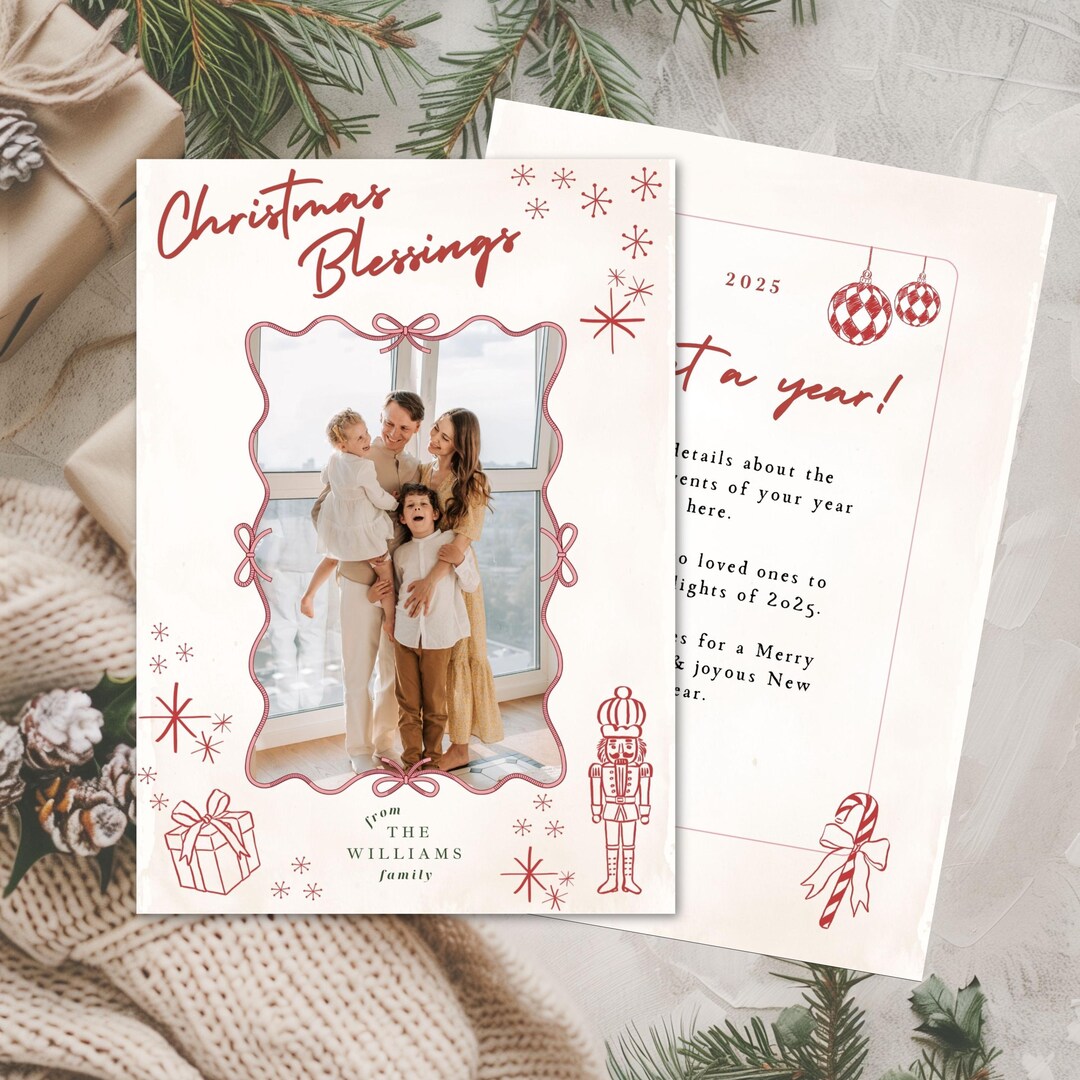 Christmas 2025 Photo Card, Hand Drawn Pink Retro Whimsical Holiday