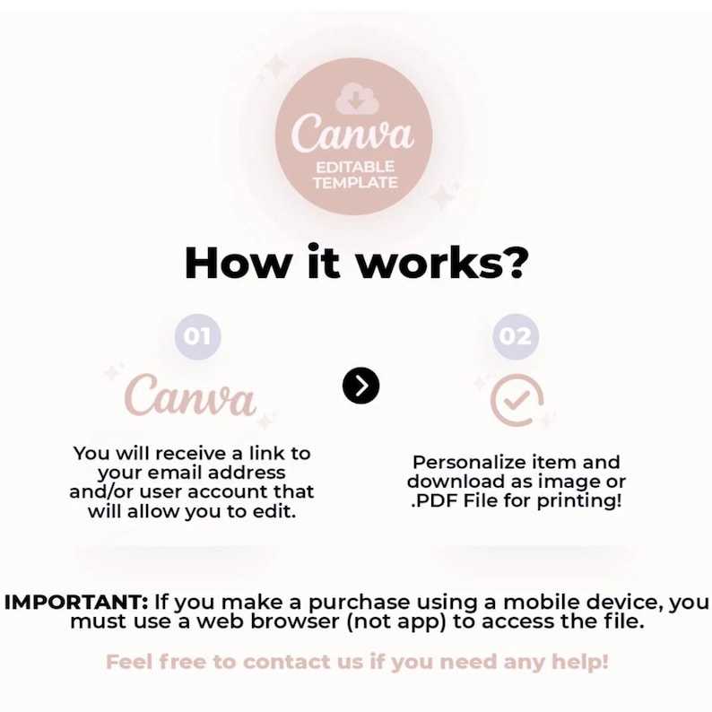 May include: A graphic with the Canva logo and the text "How it works?" The steps include receiving a link, personalizing the item, and downloading it as an image or PDF. The image also includes the text "Editable Template".