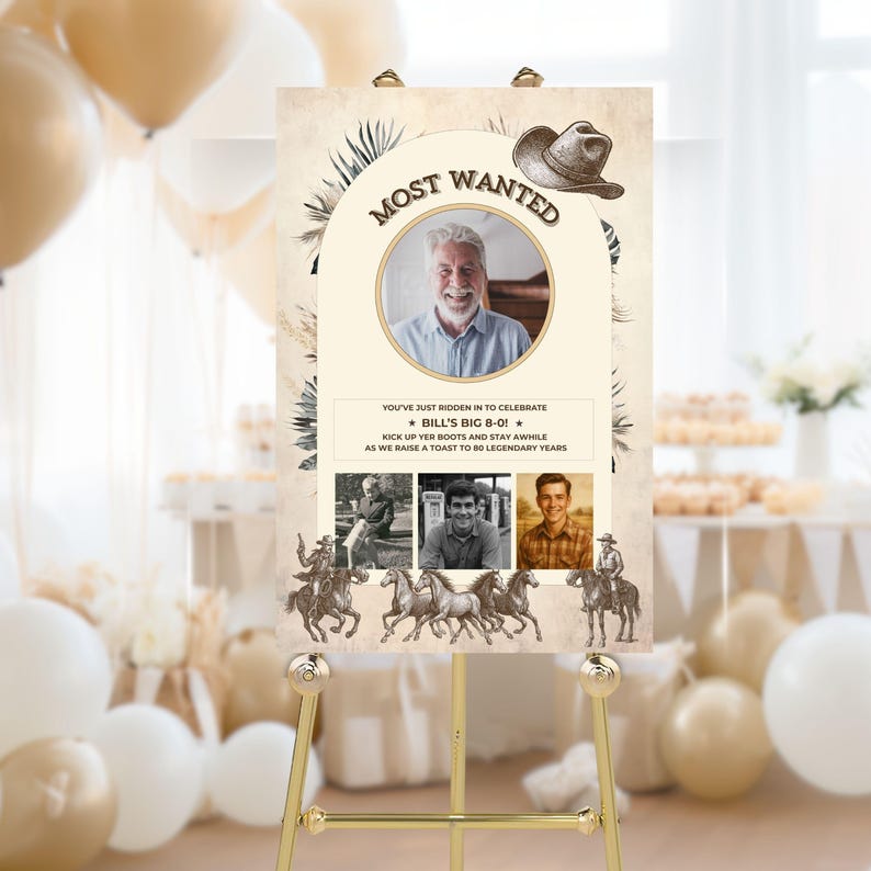 80th Birthday Party Welcome Sign for Men, Retro Boho Western Cowboy ...