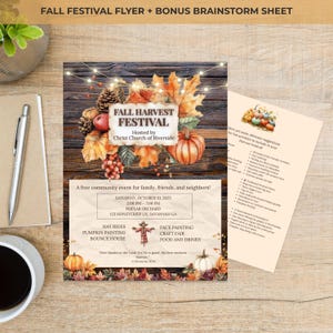 Peut inclure: Flyer promotionnel pour un festival d'automne avec des citrouilles, des feuilles et le texte « Fall Harvest Festival ». Le flyer comprend les détails de l'événement, tels que la date, l'heure et le lieu, ainsi qu'une liste d'activités.