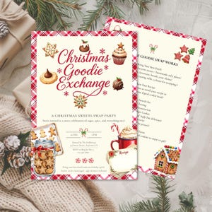 May include: Christmas Goodie Exchange party invitation with a red and white plaid border. The invitation features illustrations of cookies, cupcakes, and a gingerbread house. The text invites guests to a sweets swap party.