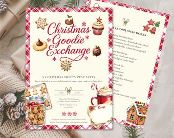 Christmas Goodie Exchange Invitation | Cookie Swap Party Invite Set | Holiday Baking Party | Instant Editable Download I Red Retro Aesthetic