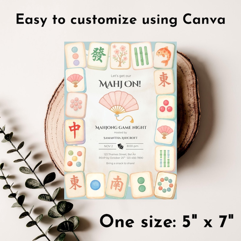 May include: A light blue Mahjong game night invitation with a fan illustration and various Mahjong tiles. The text reads "Let's get our MAHJON!" and "MAHJONG GAME NIGHT". The invitation is 5" x 7".