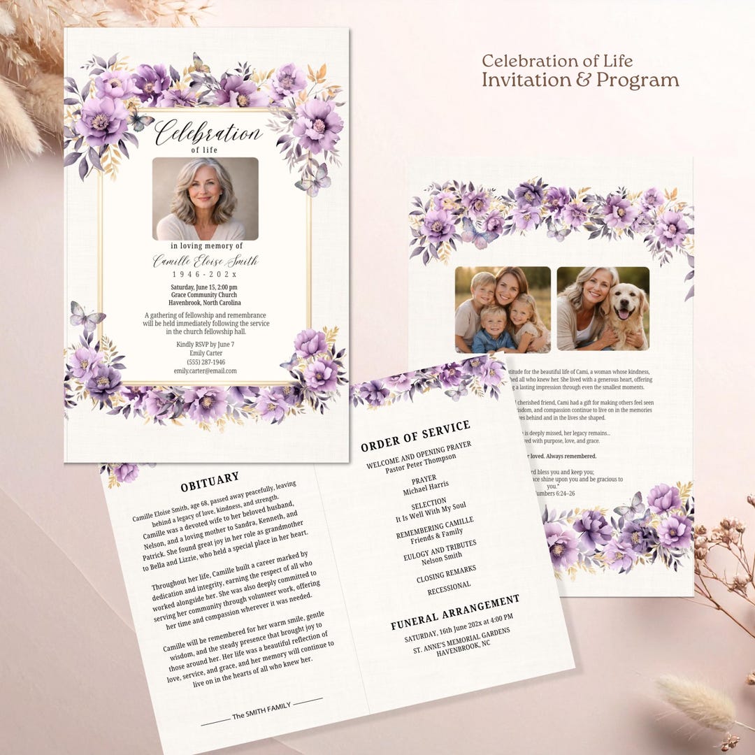 Purple Butterfly Floral Celebration of Life Program Template, Funeral ...
