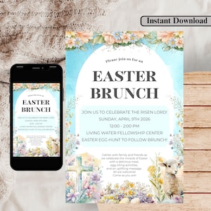 Easter Sunday Brunch Church Invitation Flyer Handout, Christian Celebration Invite, Easy Custom Instant Download, Egg Hunt Youth Group Party