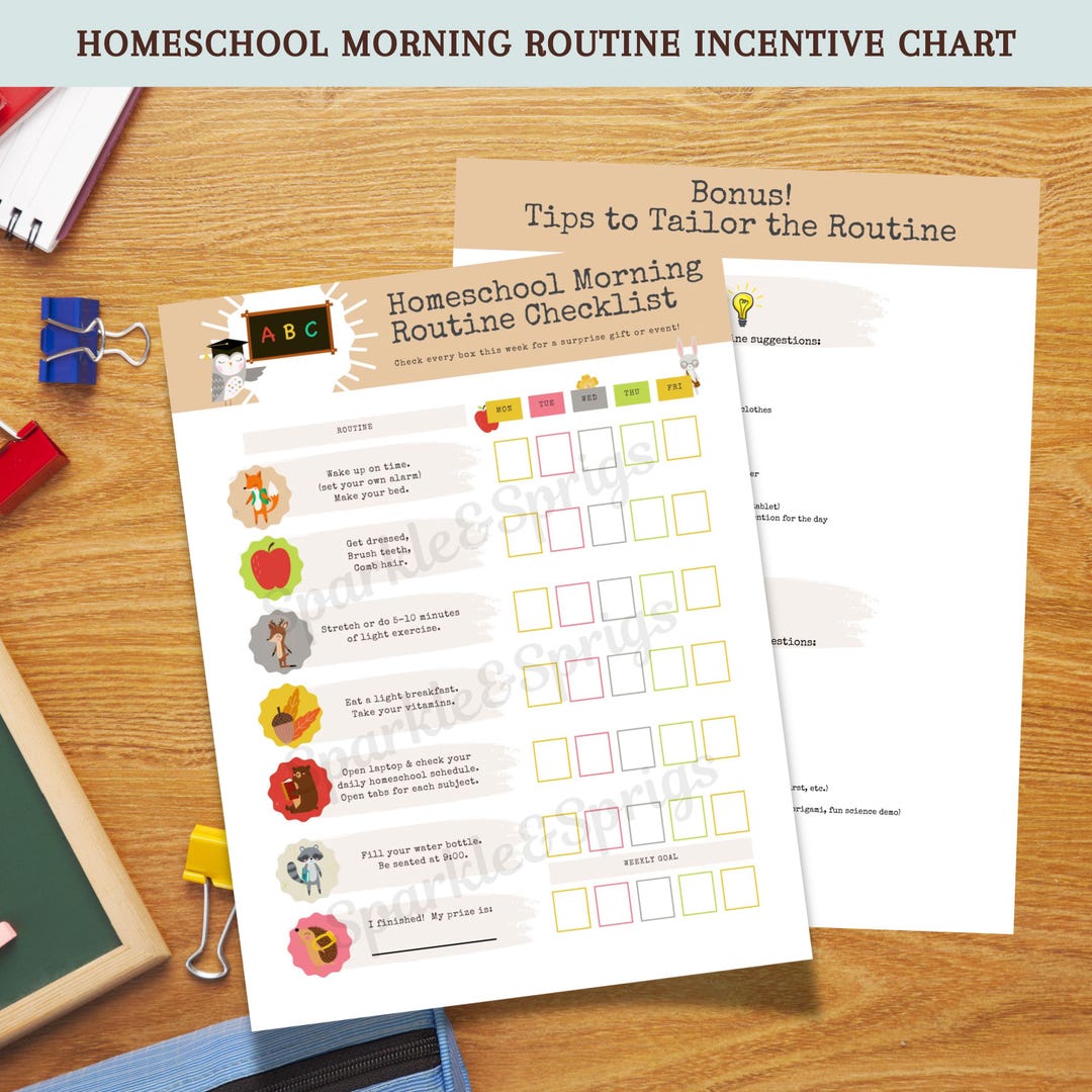 Homeschool Morning Routine Checklist Challenge Reward Chart for Middle