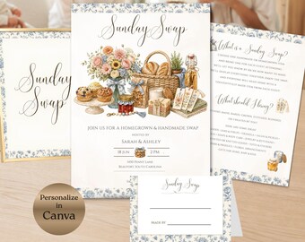 May include: A set of Sunday Swap event stationery featuring blue floral borders and watercolor illustrations of a picnic basket, flowers, and baked goods. The cards include text details for a hosted event, instructions, and a blank label card.