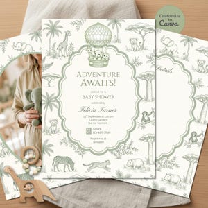 Könnte beinhalten: Babyparty-Einladungen mit Safari-Thema. Die Einladungen zeigen ein grün-weißes Design mit Illustrationen von Tieren, Bäumen und einem Heißluftballon. Der Text lautet "Adventure Awaits!" und enthält Eventdetails.