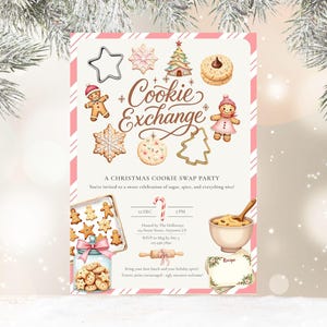 May include: A festive invitation for a Christmas Cookie Swap Party. The design features watercolor illustrations of cookies, gingerbread people, and a Christmas tree. The text reads "Cookie Exchange" and includes event details.