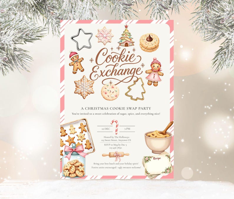 May include: A festive invitation for a Christmas Cookie Swap Party. The design features watercolor illustrations of cookies, gingerbread people, and a Christmas tree. The text reads "Cookie Exchange" and includes event details.