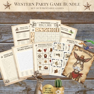 May include: A Western party game bundle featuring eight printable sheets with themes like Roll-the-Dice, Word Search, Scavenger Hunt, and Pin the Mustache. The set includes game cards, a donkey illustration, and small mustache cutouts on paper.