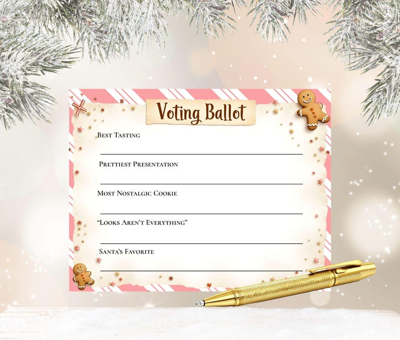 May include: A festive voting ballot with a pink and white striped border, featuring gingerbread men and stars. The ballot includes categories like "Best Tasting" and "Santa's Favorite." A gold pen rests on the bottom right, ready for use.
