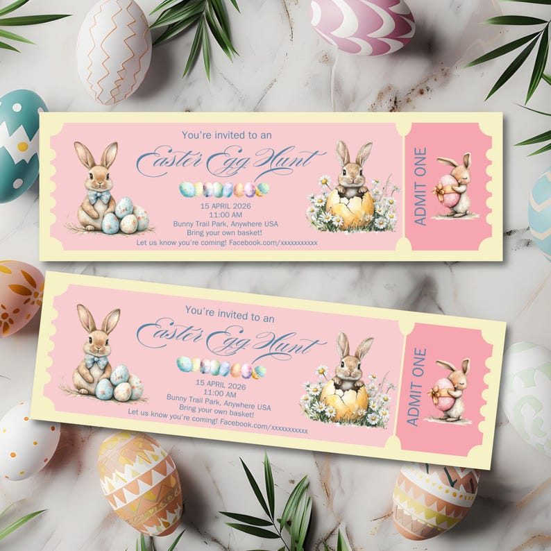 Easter Egg Hunt Ticket Invitation, Easter Coupon Voucher for Kids, Easy ...