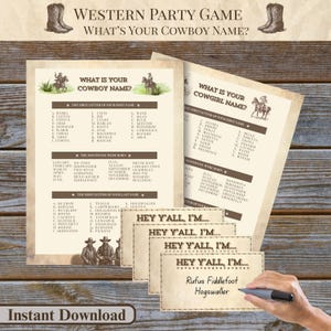 May include: A Western-themed party game with the text "What's Your Cowboy Name?" and "What's Your Cowgirl Name?" on tan paper. Includes lists of names and a fill-in-the-blank card. A hand is holding a marker and writing on a card.