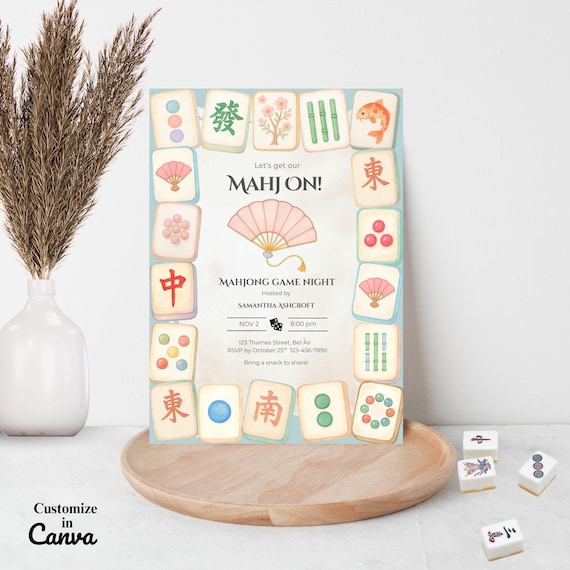 Mahjong Game Night Invitation | Let’s Get Our Mahj On | Watercolor Tile Party Invite | Girls Night Game Printable | Instant Download Evite
