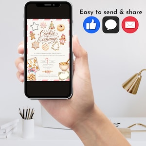 May include: A smartphone displays a Christmas Cookie Exchange invitation. The invitation features watercolor illustrations of cookies, a Christmas tree, and a gingerbread person. Text includes "Easy to send & share" and social media icons.
