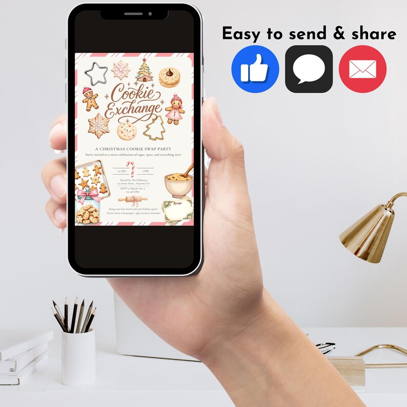 May include: A smartphone displays a Christmas Cookie Exchange invitation. The invitation features watercolor illustrations of cookies, a Christmas tree, and a gingerbread person. Text includes "Easy to send & share" and social media icons.
