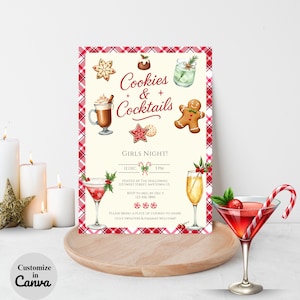 Pode incluir: Um convite festivo para uma "Noite de Meninas de Biscoitos e Cocktails"! O design apresenta ilustrações em aquarela de biscoitos, cocktails e um homem de gengibre. O convite é emoldurado com uma borda xadrez vermelha e branca.