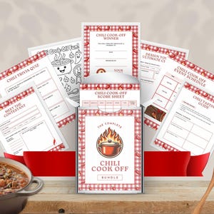 以下が含まれることがあります： チリコンテストの完全なバンドル。クイズ、スコアシート、イベントスケジュールなど、さまざまな印刷可能なシートが含まれています。バンドルは、唐辛子のアクセントが付いた赤と白のチェック柄のデザインで、「The Complete Chili Cook Off Bundle」というテキストが特徴です。