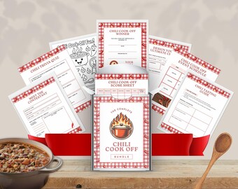 May include: A complete chili cook-off bundle with various printable sheets, including a trivia quiz, score sheet, and event schedule. The bundle features a red and white checkered design with chili pepper accents and the text "The Complete Chili Cook Off Bundle."