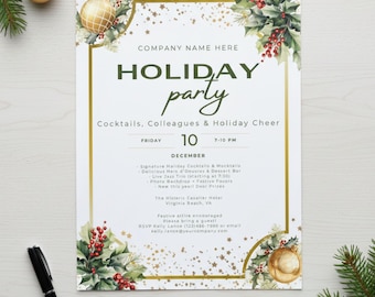 Holiday Party Flyer – Gold Luxe Corporate Christmas Invite | Editable Letter Size PDF Canva Template | Company Christmas Cocktail Party