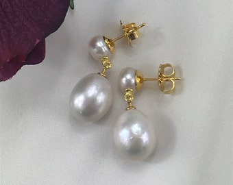 Baroque Pearl Drop Silver Earrings;  Edison Pearl Dangling Earrings; Double Pearl Earrings; small pearl stud; Bridal jewelry;