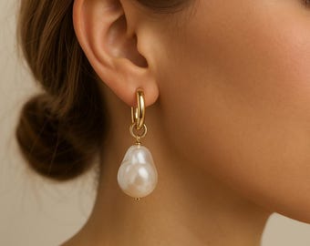 Gold chunky hoop earrings; gold hoop with pearl; pearl earrings; gifts for her; baroque pearl earrings; modern pearl earrings