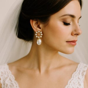 Peach Moonstone Baroque Pearl Dangle Earrings: 22k Gold-Plated Bridal Jewelry